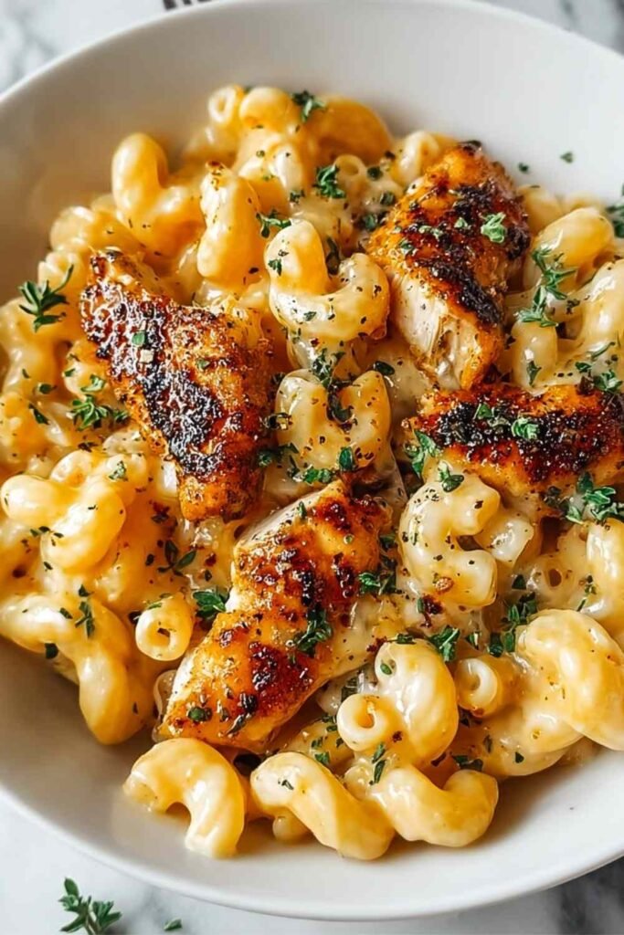 Honey pepper chicken mac and cheese served on a white plate with glazed chicken over creamy cheddar mac and cheese