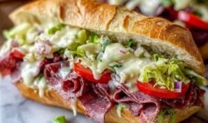 Italian Grinder Salad Sandwich Italian Grinder Salad Sandwich sliced in half on a wooden board showing melted provolone and creamy grinder salad filling