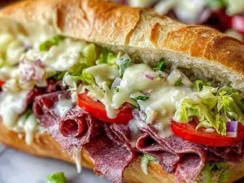 Italian Grinder Salad Sandwich sliced in half on a wooden board showing melted provolone and creamy grinder salad filling
