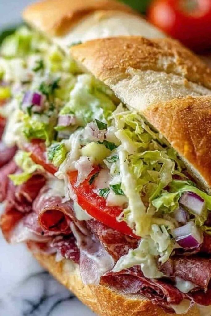 Italian Grinder Salad Sandwich sliced in half on a wooden board showing melted provolone and creamy grinder salad filling