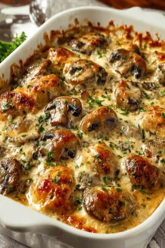Keto garlic mushroom chicken casserole with golden melted cheese and fresh parsley in a white baking dish