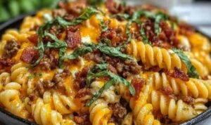 Loaded beef bacon cheeseburger pasta served in a white bowl topped with melted cheddar cheese and crispy bacon