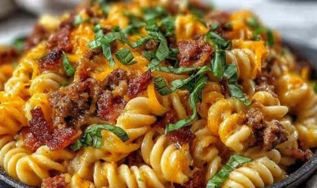 Loaded beef bacon cheeseburger pasta served in a white bowl topped with melted cheddar cheese and crispy bacon