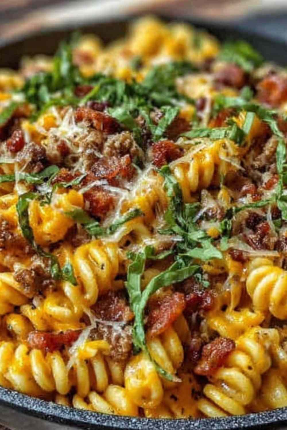 Loaded beef bacon cheeseburger pasta served in a white bowl topped with melted cheddar cheese and crispy bacon
