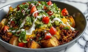 Overhead view of a loaded potato taco bowl with crispy roasted potatoes, seasoned ground beef, melted cheddar, avocado, cherry tomatoes, and sour cream