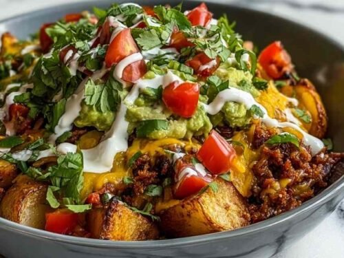 Overhead view of a loaded potato taco bowl with crispy roasted potatoes, seasoned ground beef, melted cheddar, avocado, cherry tomatoes, and sour cream