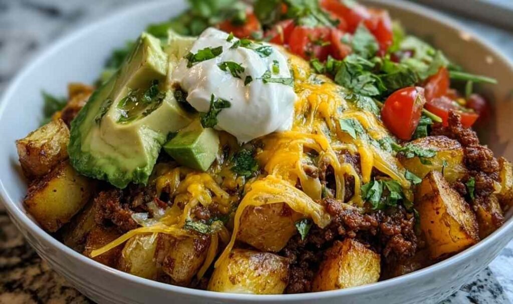 Overhead view of a loaded potato taco bowl with crispy roasted potatoes, seasoned ground beef, melted cheddar, avocado, cherry tomatoes, and sour cream