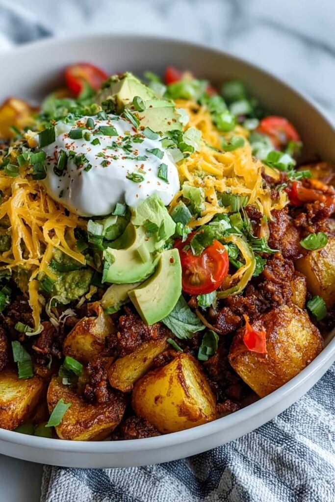 Overhead view of a loaded potato taco bowl with crispy roasted potatoes, seasoned ground beef, melted cheddar, avocado, cherry tomatoes, and sour cream