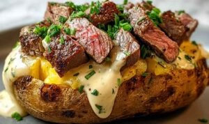Loaded Steak Potatoes Loaded steak potatoes topped with Cajun steak bites and creamy Parmesan sauce on a rustic dinner plate