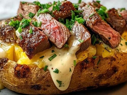Loaded steak potatoes topped with Cajun steak bites and creamy Parmesan sauce on a rustic dinner plate