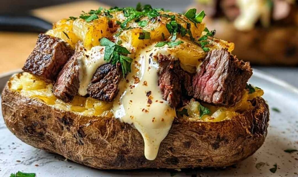 Loaded steak potatoes topped with Cajun steak bites and creamy Parmesan sauce on a rustic dinner plate