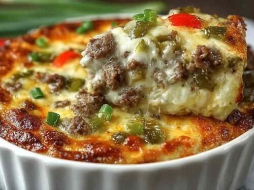 Low carb Philly cheesesteak casserole with melted provolone and mozzarella in a 9x13 baking dish