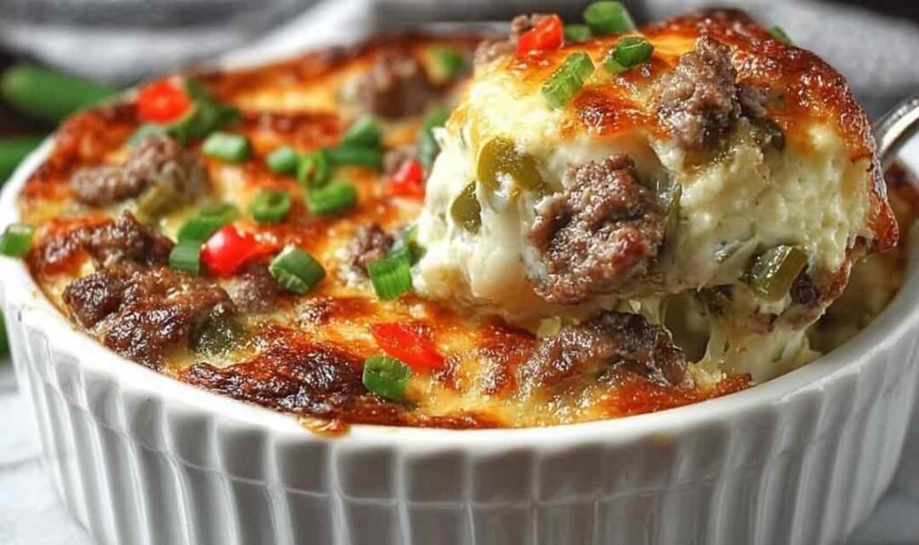 Low carb Philly cheesesteak casserole with melted provolone and mozzarella in a 9x13 baking dish
