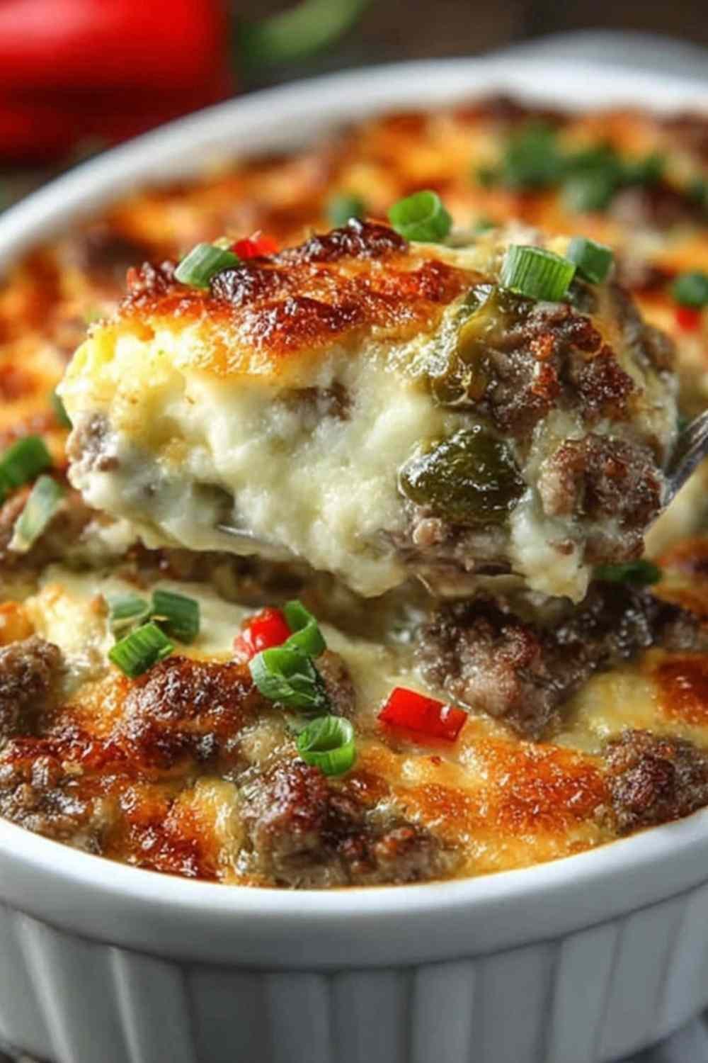 Low carb Philly cheesesteak casserole with melted provolone and mozzarella in a 9x13 baking dish