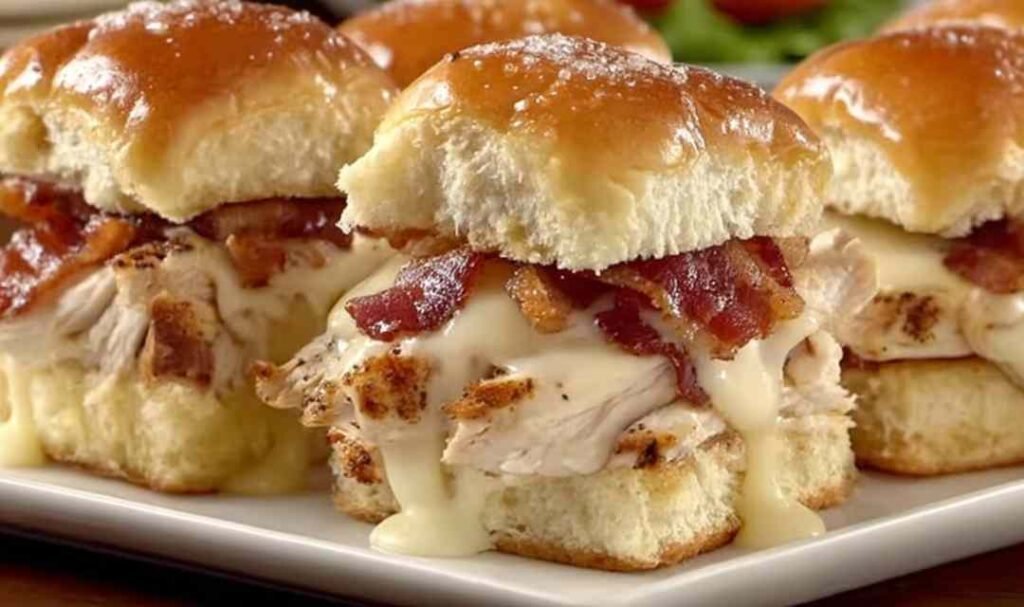 Maple chicken bacon sliders stacked on golden Hawaiian rolls with melted Gouda cheese and crispy bacon