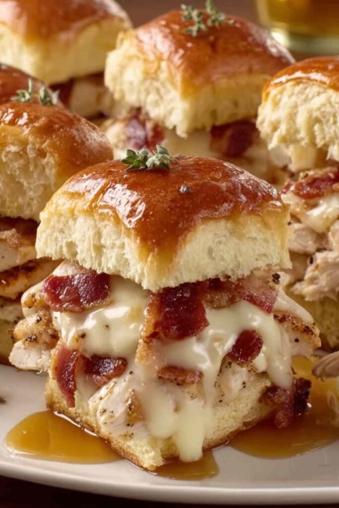 Maple chicken bacon sliders stacked on golden Hawaiian rolls with melted Gouda cheese and crispy bacon