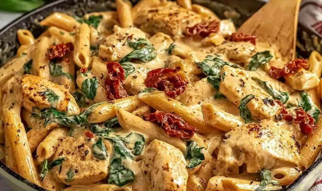 Marry Me Chicken Pasta in a creamy sun-dried tomato sauce in a cast iron skillet