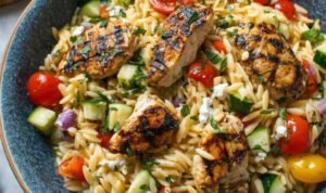 Fresh ingredients for Mediterranean chicken orzo including spinach and sun-dried tomatoes