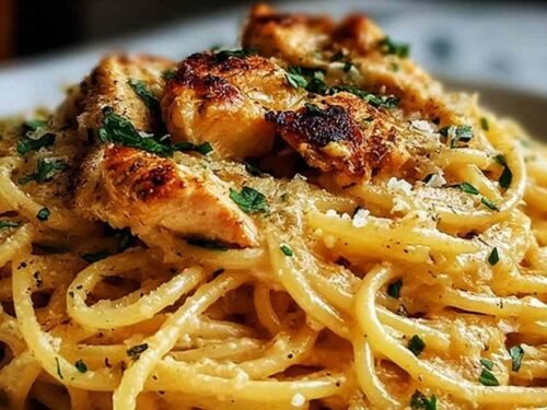 Monterey Chicken Spaghetti in a skillet with creamy white sauce and parsley garnish