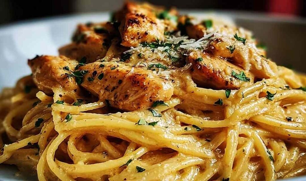 Monterey Chicken Spaghetti in a skillet with creamy white sauce and parsley garnish