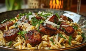 One-Pot Garlic Butter Sausage Orzo in a skillet