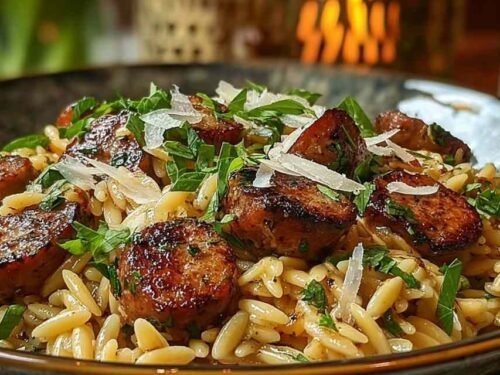 One-Pot Garlic Butter Sausage Orzo in a skillet