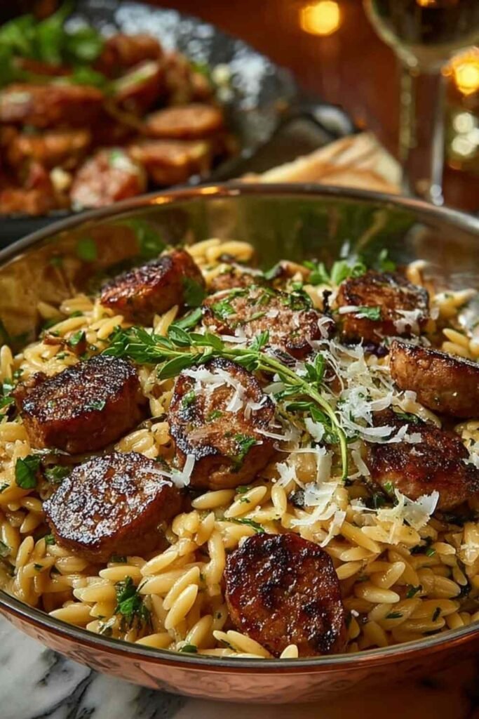 One-Pot Garlic Butter Sausage Orzo in a skillet.
