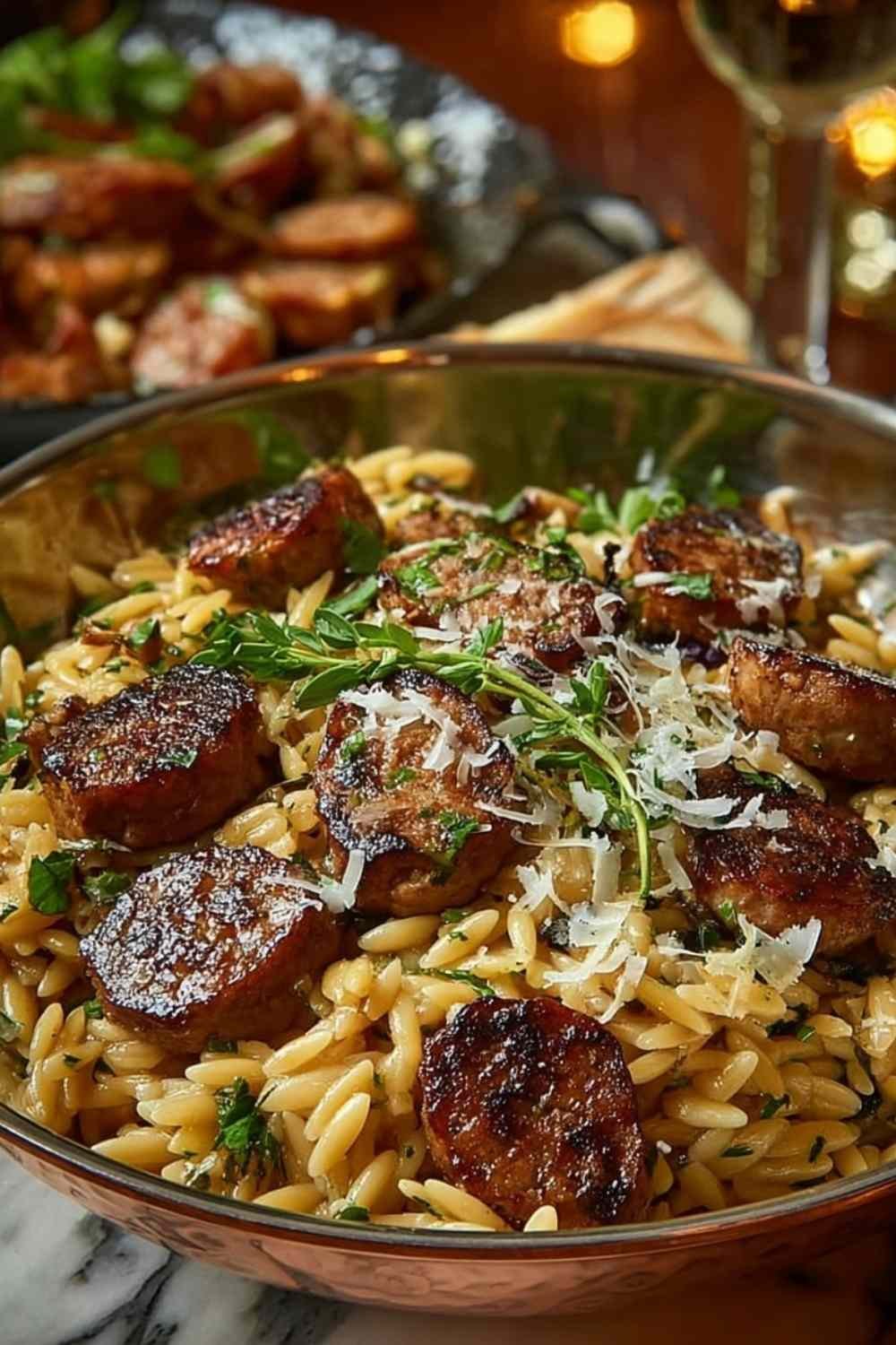One-Pot Garlic Butter Sausage Orzo in a skillet.