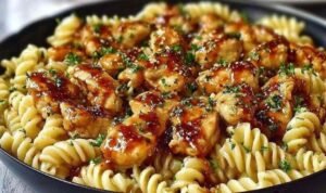 One Pot Honey Garlic BBQ Chicken Pasta cooking in a pot on the stove