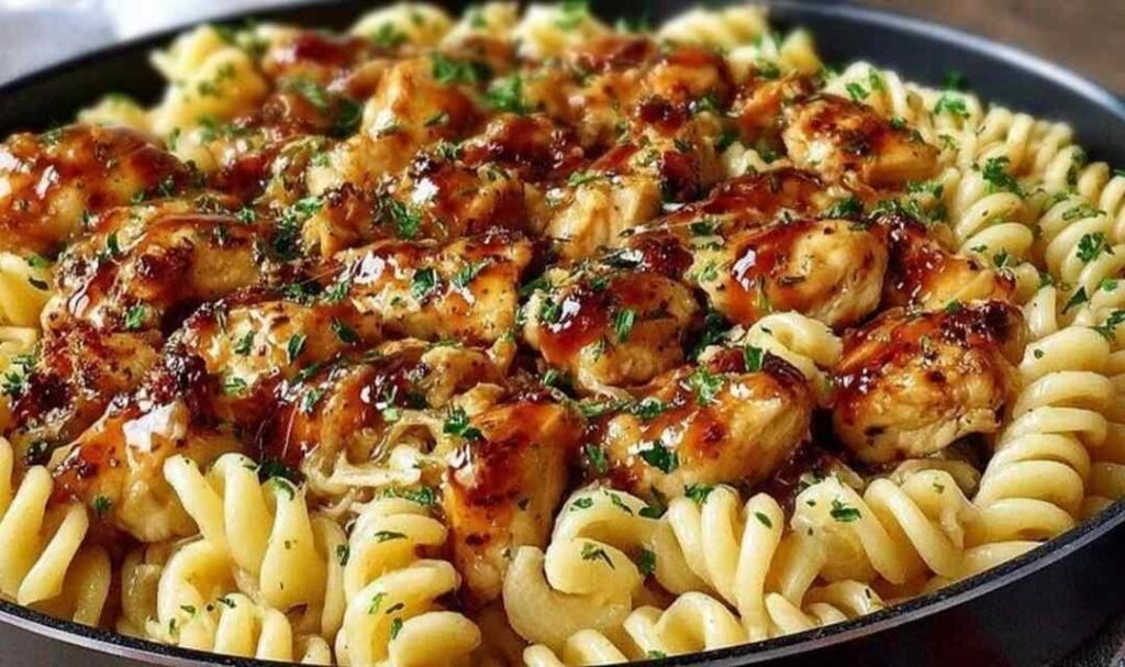 One Pot Honey Garlic BBQ Chicken Pasta cooking in a pot on the stove