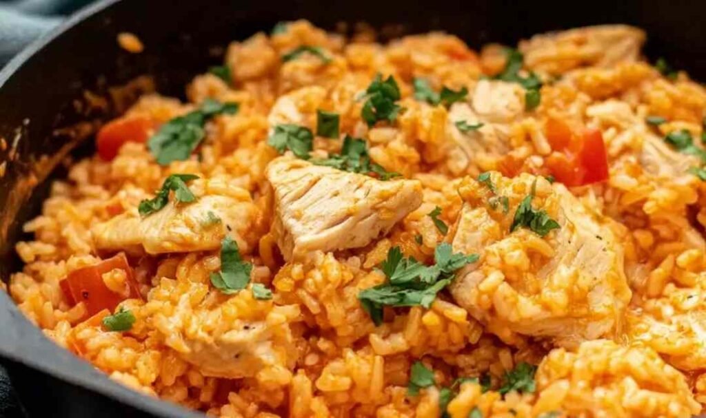 One pot queso chicken and rice served in a large skillet topped with fresh cilantro and sliced jalapenos