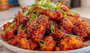 Orange chicken Crispy orange chicken recipe pieces coated in sticky orange sauce and topped with sesame seeds and fresh green onions