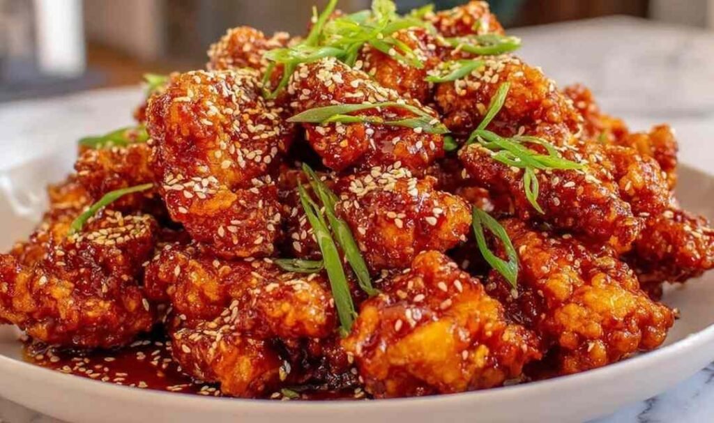 Crispy orange chicken recipe pieces coated in sticky orange sauce and topped with sesame seeds and fresh green onions