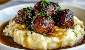 Salisbury Steak Meatballs Salisbury Steak Meatballs served with garlic mashed potatoes and gravy on a white plate