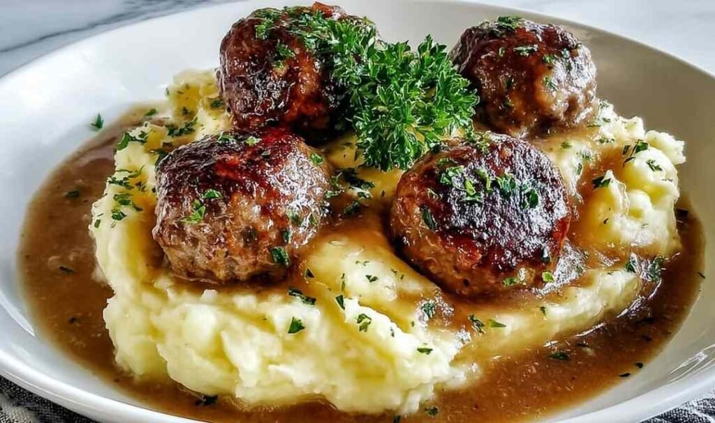 Salisbury Steak Meatballs with gravy served over garlic mashed potatoes on a white plate