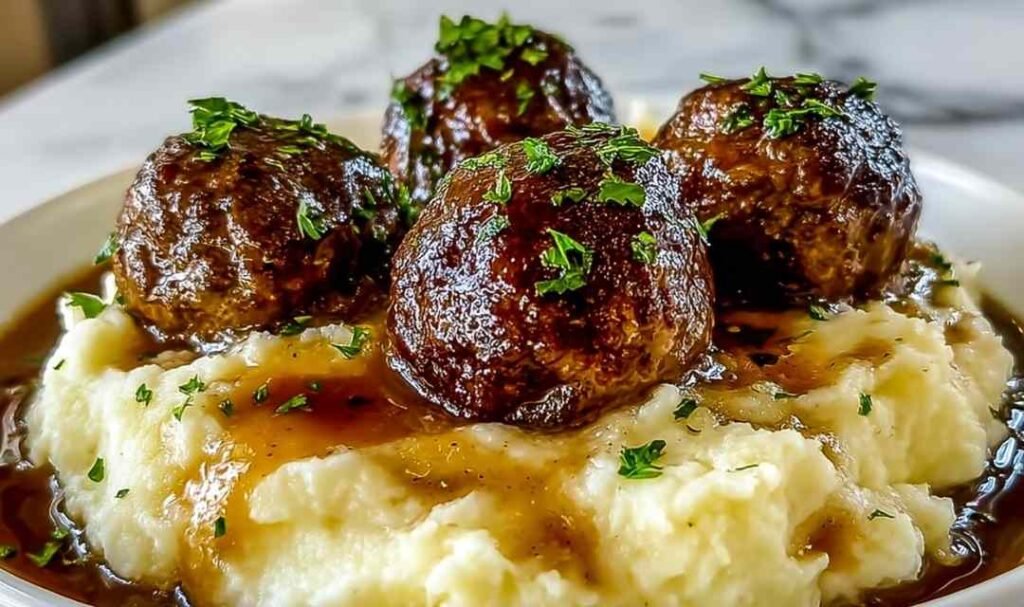 Salisbury Steak Meatballs served with garlic mashed potatoes and gravy on a white plate