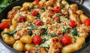 Savory Garlic Chicken and Gnocchi Skillet Recipe in a cast iron pan