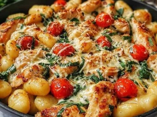 Savory Garlic Chicken and Gnocchi Skillet Recipe in a cast iron pan