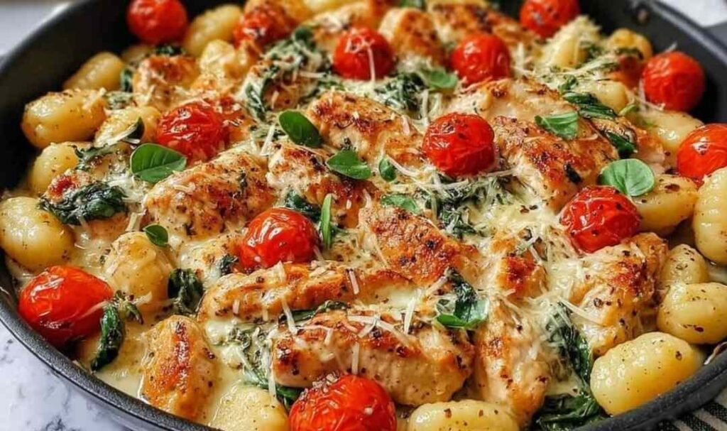 Savory Garlic Chicken and Gnocchi Skillet Recipe in a cast iron pan