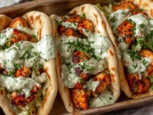 Assembled sheet pan chicken pitas with herby ranch dressing drizzled on top, served on a wooden board with fresh vegetables