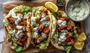 Sheet pan chicken pitas wrapped in soft flatbread with roasted chicken, vegetables, cucumbers, and herby ranch sauce on a rustic tray