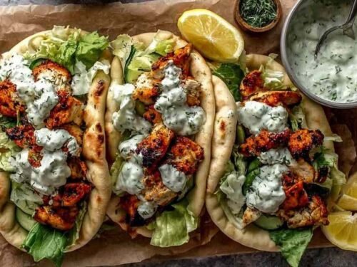Sheet pan chicken pitas wrapped in soft flatbread with roasted chicken, vegetables, cucumbers, and herby ranch sauce on a rustic tray