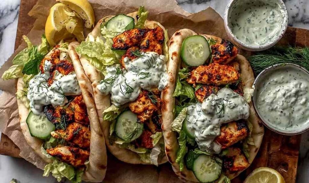 Sheet pan chicken pitas wrapped in soft flatbread with roasted chicken, vegetables, cucumbers, and herby ranch sauce on a rustic tray