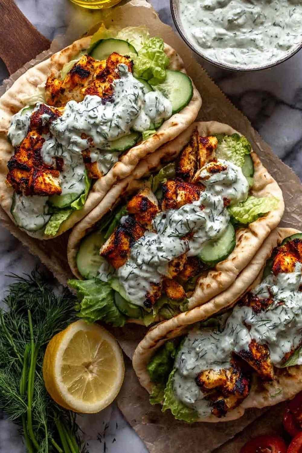 Sheet pan chicken pitas wrapped in soft flatbread with roasted chicken, vegetables, cucumbers, and herby ranch sauce on a rustic tray