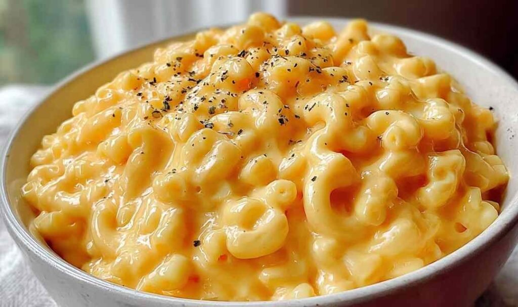 Bowl of simple mac and cheese with creamy cheddar sauce and tender elbow macaroni