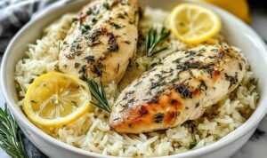 Slow cooker lemon herb chicken and rice served in a white bowl topped with fresh parsley