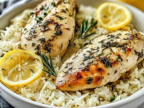 Slow cooker lemon herb chicken and rice served in a white bowl topped with fresh parsley