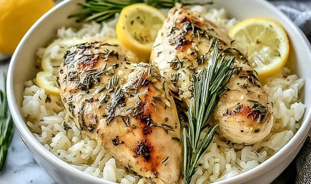 Slow cooker lemon herb chicken and rice served in a white bowl topped with fresh parsley