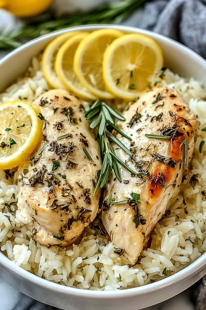 Slow cooker lemon herb chicken and rice served in a white bowl topped with fresh parsley