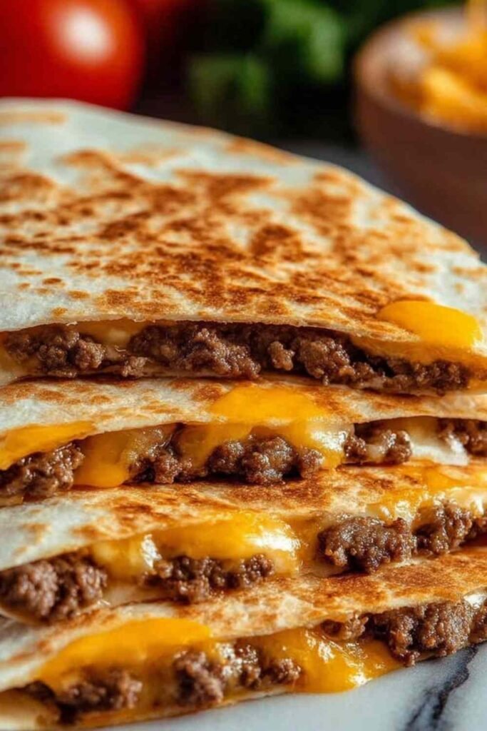 Smashburger Quesadillas cooking in a cast iron skillet with melting cheese